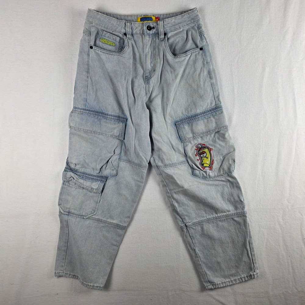 Empyre Mens 28 Light Blue Cargo Loose Fit Denim Jeans Graffiti Patch Streetwear